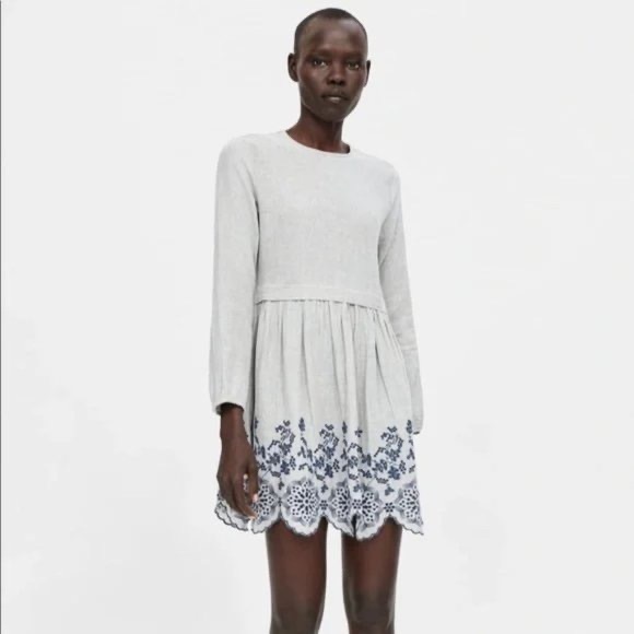 Zara Dresses Zara Basic Grey Long Sleeve Blue Embroidered Hem Mini